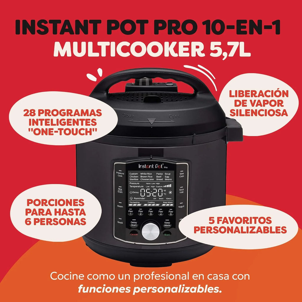 Instant Pot Pro Olla Eléctrica Multifunción 10 en 1, Olla Presión, Cocción Lenta, Arrocera, Vaporera, Yogurtera, Sartén para Saltear, Esterilizador – Acero Inoxidable, 1200 W – 7,6 L, Negro