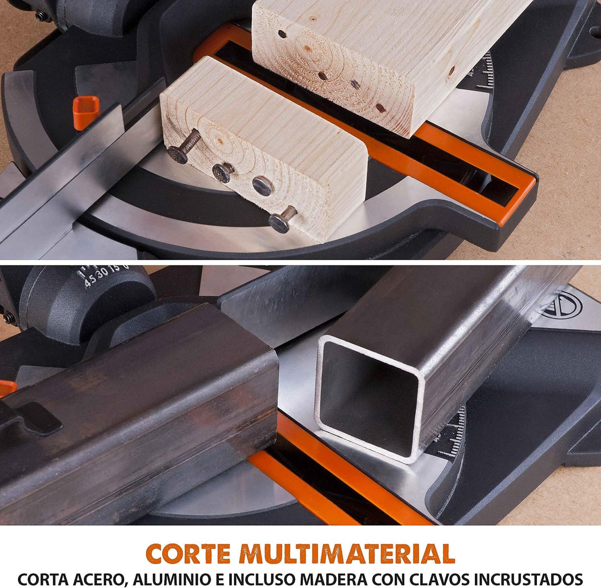 Evolution Power Tools R210CMS Multimaterial Sierra Ingletadora - Corta acero dulce, aluminio, plástico, madera con clavos incrustados, 210 mm