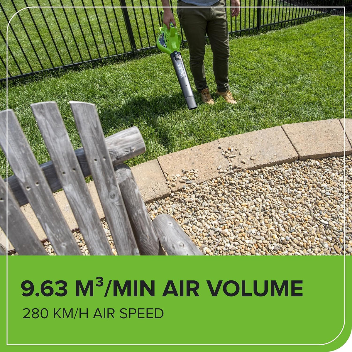 Greenworks GD40BV Soplador Aspirador de Hojas a Batería con Motor sin Escobillas, 280 km/h, 9,63 m³/min, Bolsa Recogedora de 45L SIN Batería de 40V y Cargador, Garantía de 3 Años