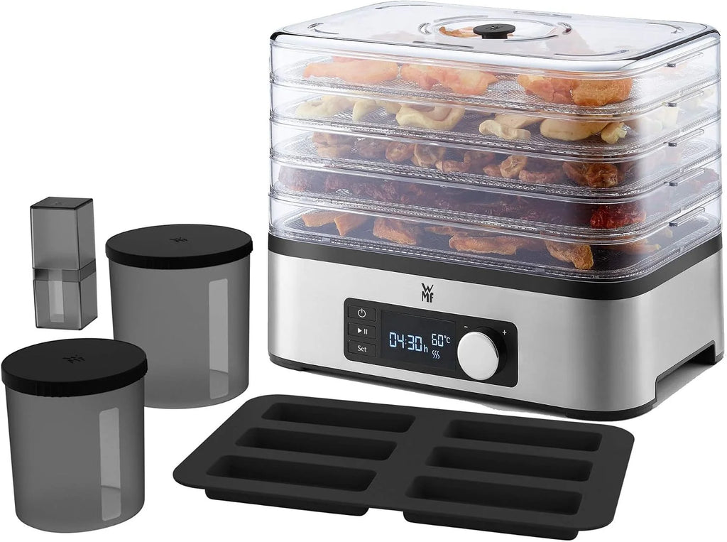 WMF Kitchenminis - Deshidratadora Snack To Go, 250 W con 5 bandejas altura regulable, pantalla LCD, 30-70ºC, libre de BPA,Tritan, Acero Inoxidable cromargan