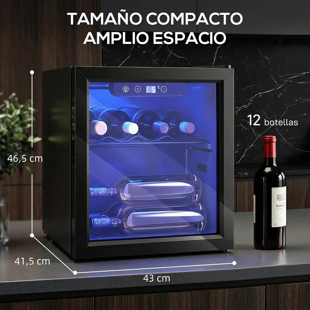 HOMCOM Vinoteca 12 Botellas, 36 L, Temperatura Ajustable 4-16℃, Negro