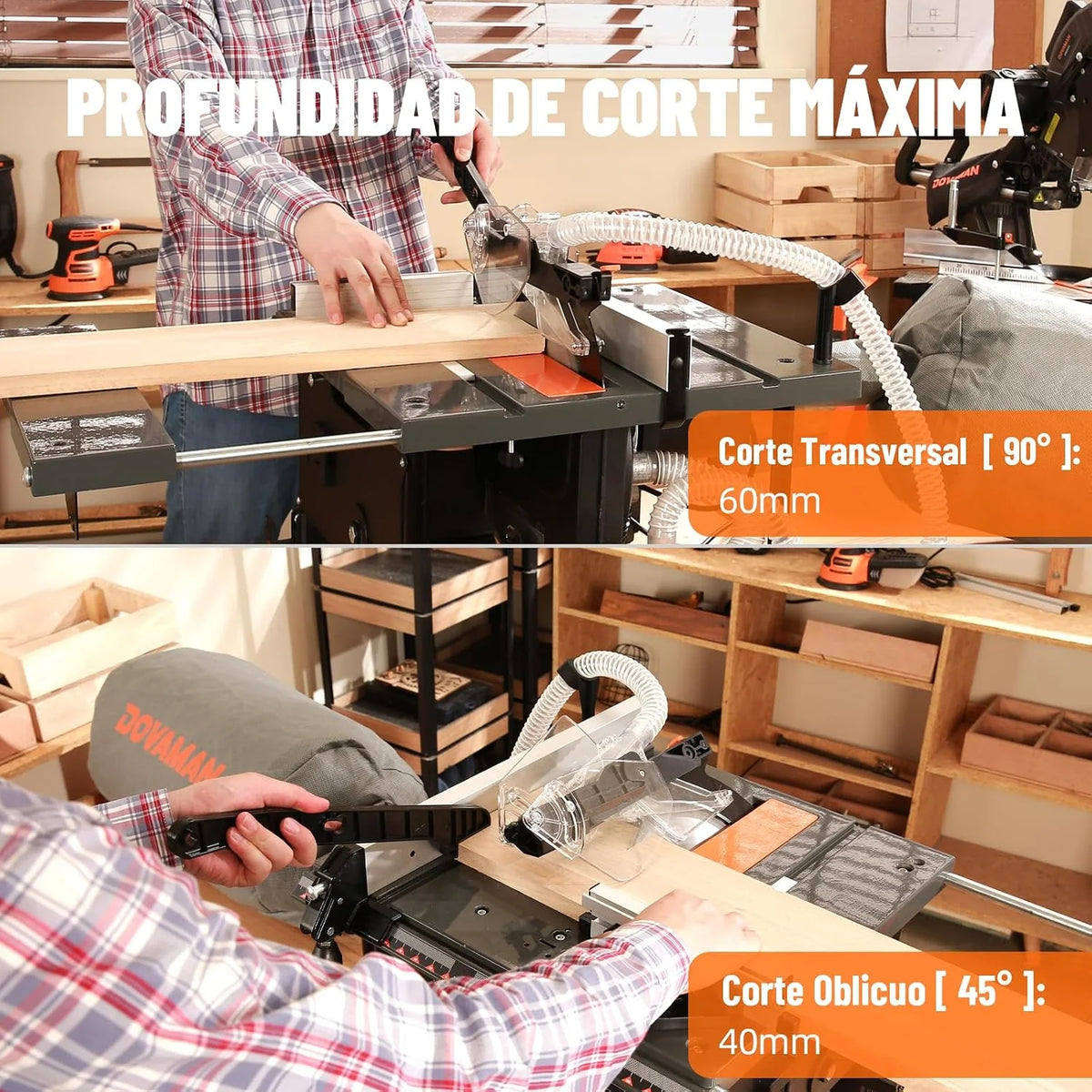 DOVAMAN DTS02M Sierra de Mesa, 98% Recolección de Polvo, 2000W con Hoja de 216mm, Corte Máx de 60mm (90°) y 40mm (45°), Almacenaje en Herramienta, Sierra de Mesa Ideal para Madera de Carpintería & DIY