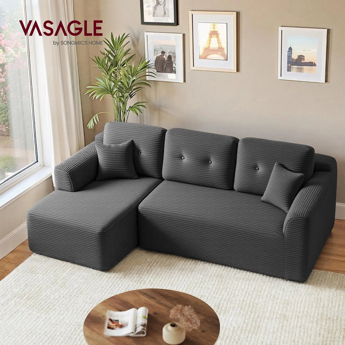 VASAGLE Corner Sofa, Modular Sofa 244 cm, Compact Delivery, No Assembly, with Large Chaise Longue on the Left, for Living Room or Guest Room, Slate Grey LCS183GN01