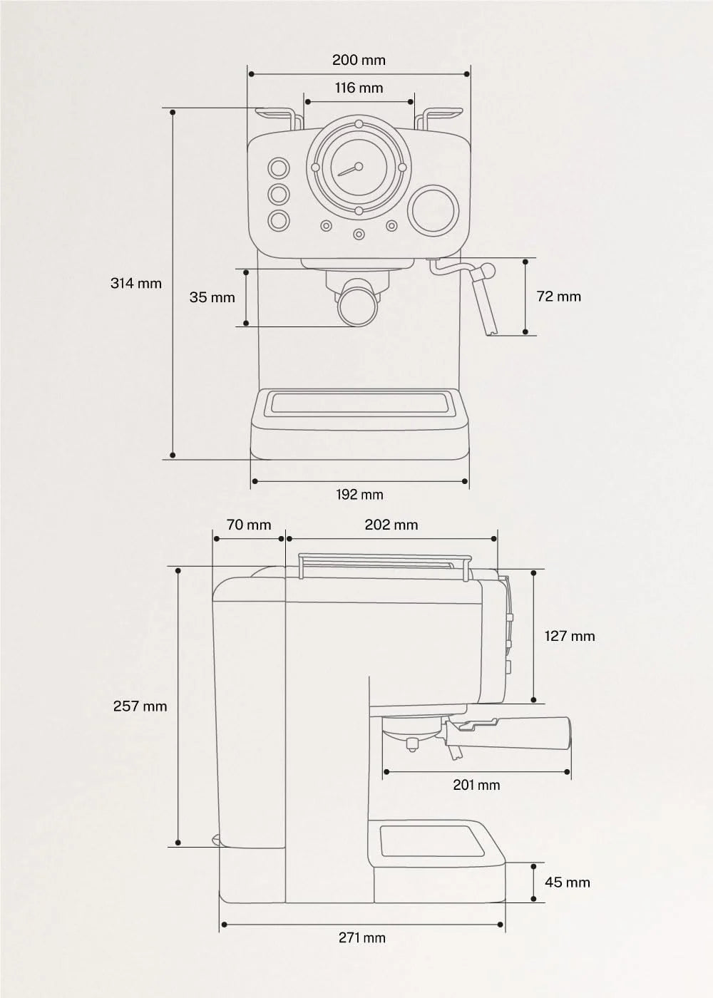 CREATE / THERA RETRO/Cafetera Express Semiautomática arena mate y madera / 20 bares, brazo doble salida, depósito 1,25L, café molido y monodosis ESE 55mm, con vaporizador, 1100W