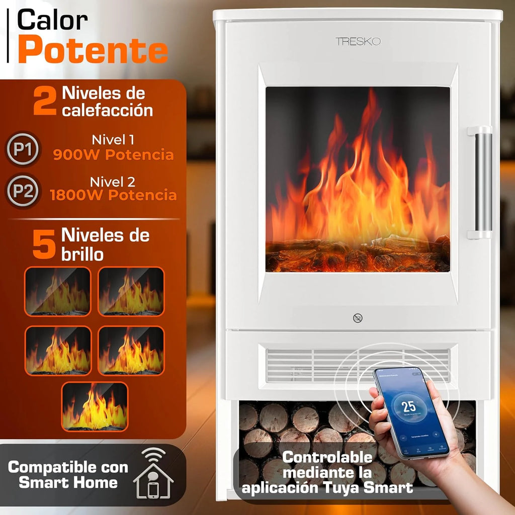 TRESKO Electric Fireplace Heating 1800W, Smart Home WiFi App & Remote | Electric Stove with LED Flame Effect and LCD Display | Electric Fireplace with Thermostat | Ventilated Heating (White)
