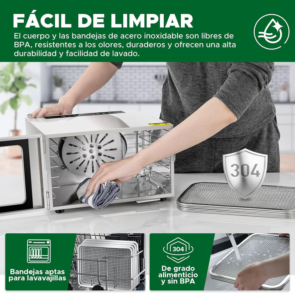 Kwasyo Deshidratador de Alimentos con 6 Bandejas Acero Inoxidable, Temporizador de 24 Horas, Temperatura Regulable 30~90℃, Pantalla LCD, 400W Deshidratador Alimentos de Frutas y Verduras, Libre BPA