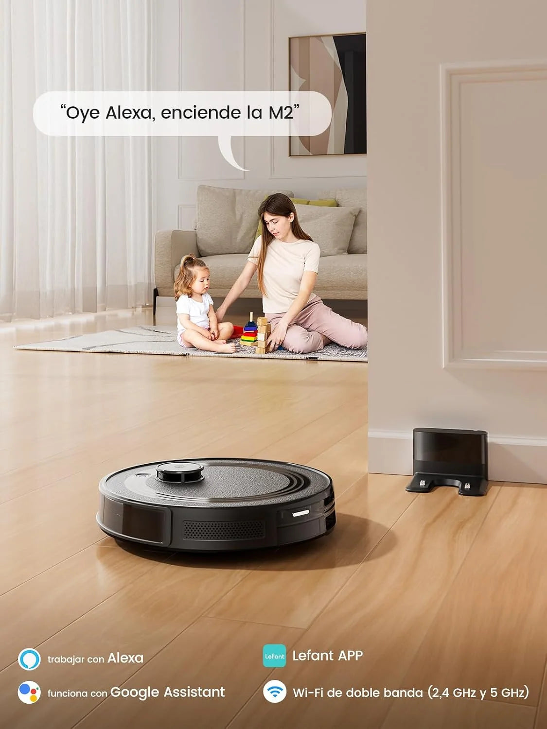 Lefant M2 Robot Aspirador y Fregasuelos 2 en 1, 6000Pa, 160min Automático, Navegación Láser, Evitación PSD, Limpieza Personalizada, Ideal para Limpiar Pelo de Mascotas y Suelos Duros