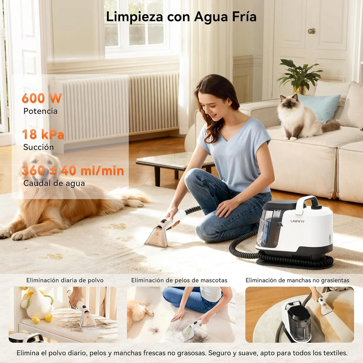 Uwant Y100S Limpiador Tapicerias Vapor 3en1, 1750W 18kPa Aspiradora de Agua