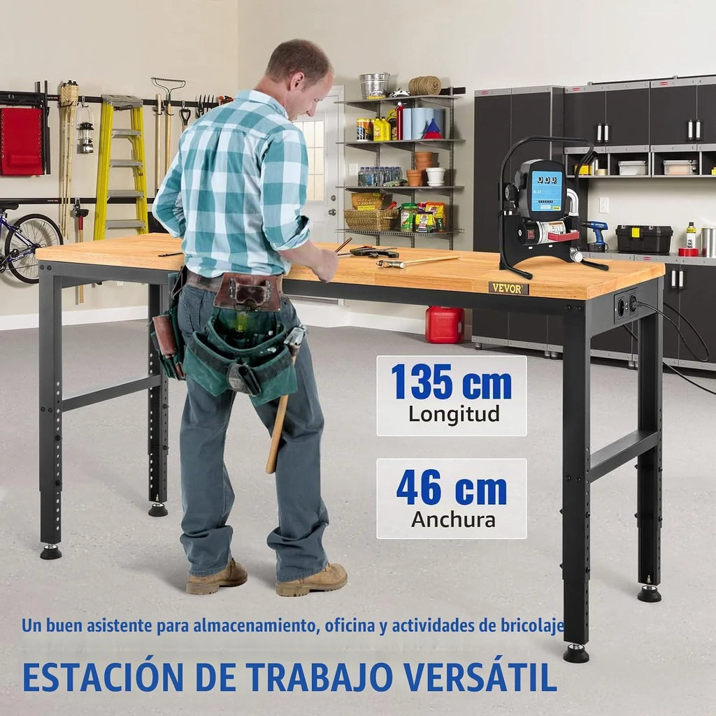 VEVOR Banco de Trabajo de Altura Ajustable, 135 cm de Ancho x 46 cm de Profundidad x 97 cm de Alto, Mesa de Garaje con 72-97 cm de Altura y Capacidad de Carga de 900 kg, con Tomas de Corriente, Parte