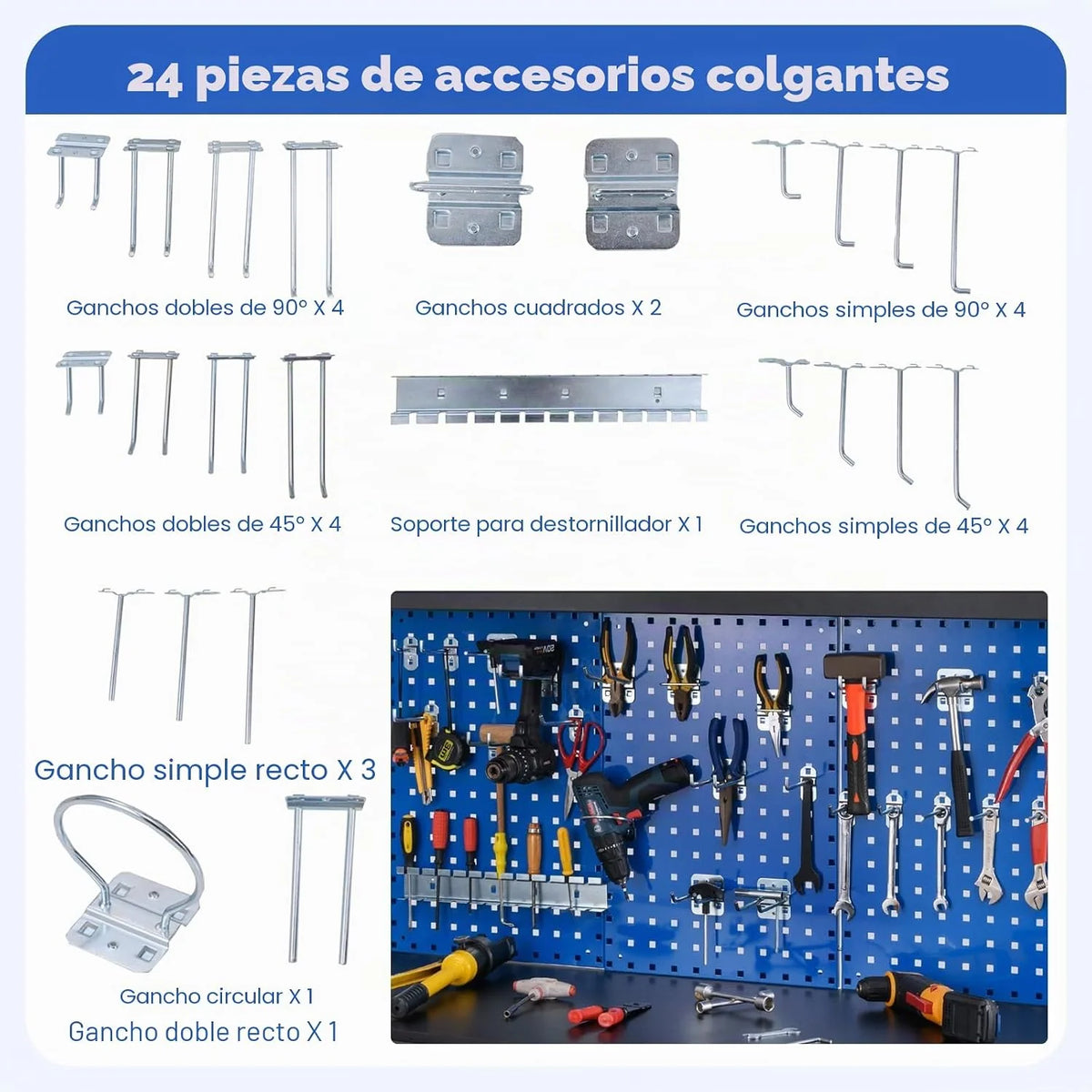 SOARS Banco de Trabajo con Paredes Perforadas, Banco Metálico para Herramientas con 3 Estantes Abiertos y Accesorios Colgantes para Garaje, Taller (Azul, 121 x 61 x 156 cm)