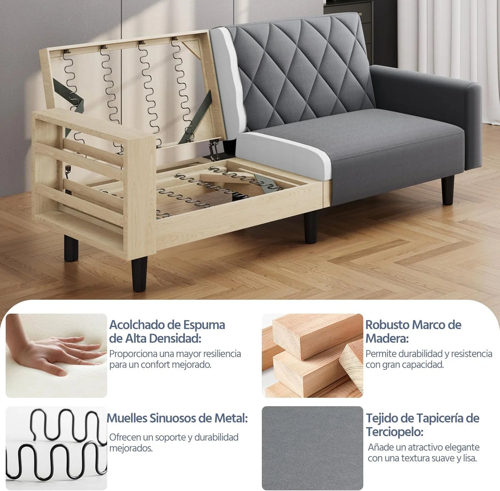 Yaheetech 2 Seater Sofa Bed with 2 Separate Backrests Grey Fit