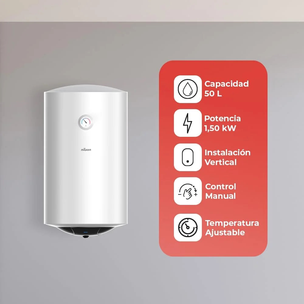 Nilson Electric Thermo Vertical 50 Litres NT5000. Vertical Installation, 1500W, Includes Mounting Kit, Stainless Steel Resistor, White, Energy Efficiency Class C