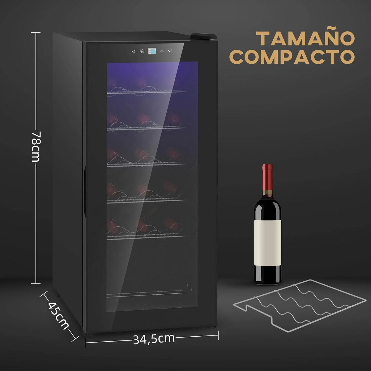 HOMCOM Nevera Vinos 18 Botellas 50L Vinoteca con Luz LED Interior Pantalla LED Táctil Digital Control de Temperatura Puerta de Vidrio Anti-UV y 5 Estantes de Metal Negro