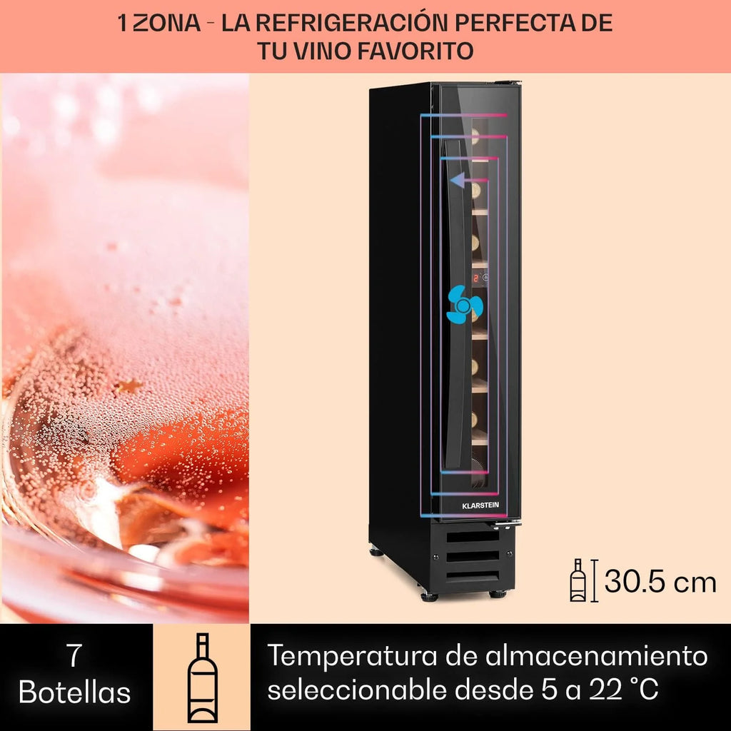 KLARSTEIN Vinoteca, Nevera para Vinos con 1 Zona de Refrigeración, Botellero Puerta Cristal para Vino, Proseco, Expositor Interior y Exterior, Panel Táctil, 20 L., Vinoteca Capacidad 7 Botellas