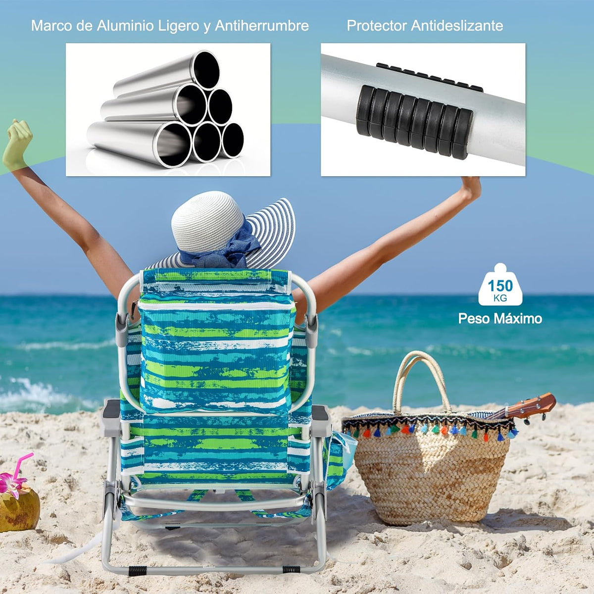 COSTWAY Silla Plegable de Playa, Tumbona con 5 Posiciones, Portavasos, Bolsillos de Almacenamiento, Correas de Hombro, Soporte para Toallas, Almohada, 150kg (Verde+Azul,1)