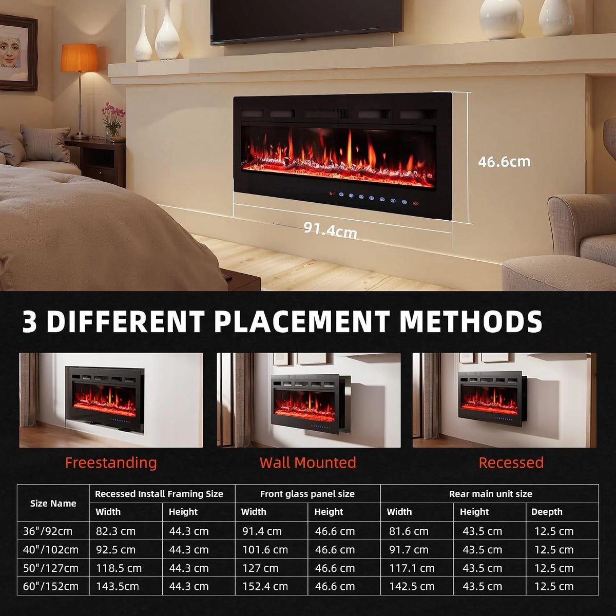 PURFINO Electric Fireplace 36"/92cm – Flame 12 Colours & Crisp, 900W/1800W, Precise Thermostat (15-30°C), Touch Screen & Remote Control – Ideal for Multimedia Walls