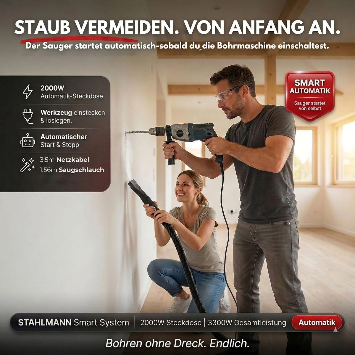 STAHLMANN VAC3300 - Aspiradora industrial en seco (depósito 30 L, enchufe integrado, 3300 W, con y sin bolsa, función de soplado, conexión a máquina, dispositivo profesional