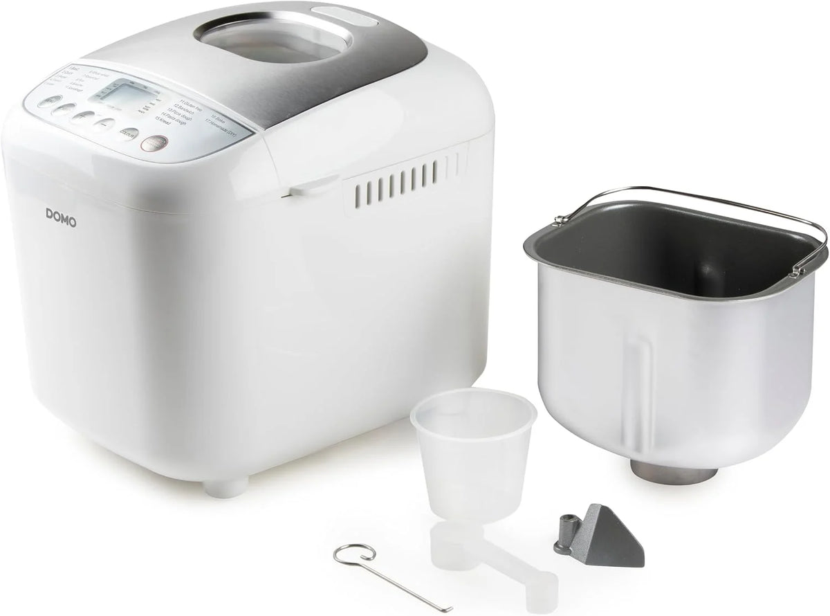 DOMO B3976 - Panificadora (500-750-1000 g, 17 programas, incluye programa sin gluten, con temporizador, pantalla LCD, función de mantenimiento del calor), color blanco