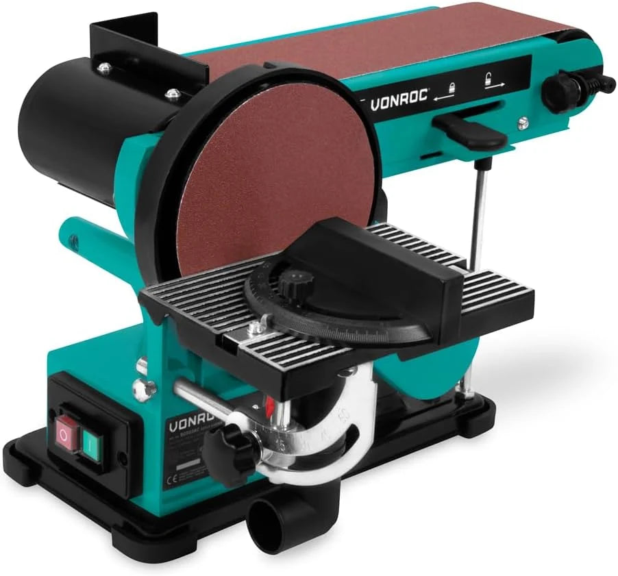 VONROC Lijadora de banda y disco de 350 W – Contiene 2 bandas de lijado de 100 x 915 mm (P80 y P120) y 2 discos de lijado de 150 mm de diámetro (P80 y P120)