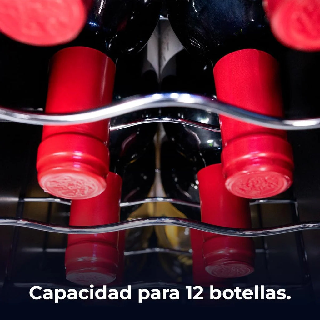 Cecotec Vinoteca Bolero GrandSommelier 1250 CoolCrystal. Bodega para 12 botellas, enfriamiento termoeléctrico, silenciosa con 35 dB, temperatura regulable de 8-18ºC, panel táctil y luz LED interior.