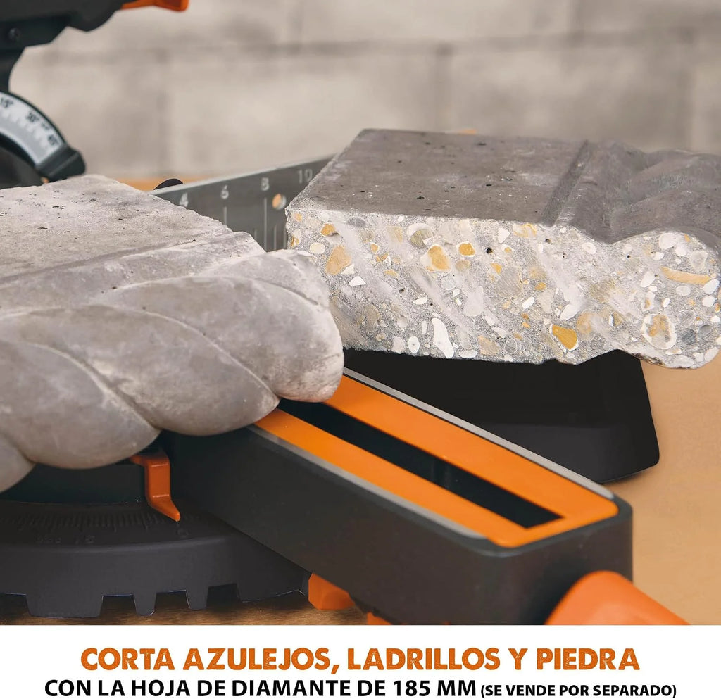 Evolution Sierra ingletadora deslizante de 185 mm (R185SMS+) de Evolution con corte multimaterial; bisel de 45°, inglete de 50°; guía láser. Incluye hoja multiusos