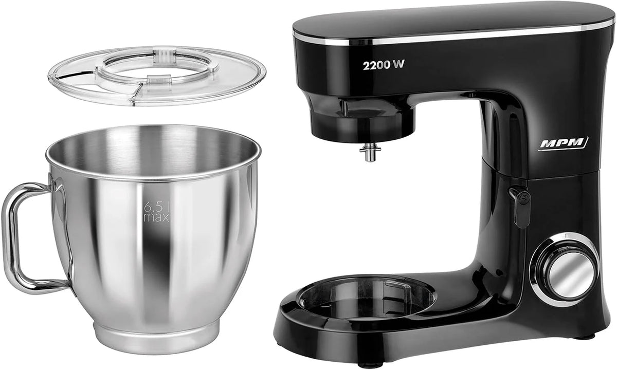 MPM Batidora Amasadora Repostería Profesional Robot Cocina Orbital 2200W Máx. 6,5L Bol Acero Inox, 6 Velocidades + Función Pulso, Sistema Planetario, 3 Accesorios+ Báscula, MRK-19B
