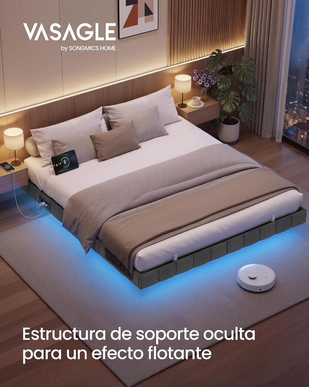 VASAGLE Floating Bed Frame, 16 x 200 cm, LED, 2 Sockets