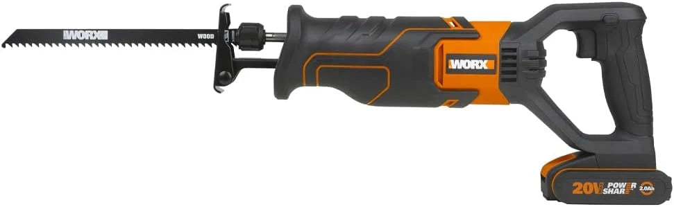 WORX WX500 Sierra de sable 20V PowerShare, Batería 2Ah, Control de velocidad variable, Cambio de cuchillas sin herramientas, Patín pivotante ajustable