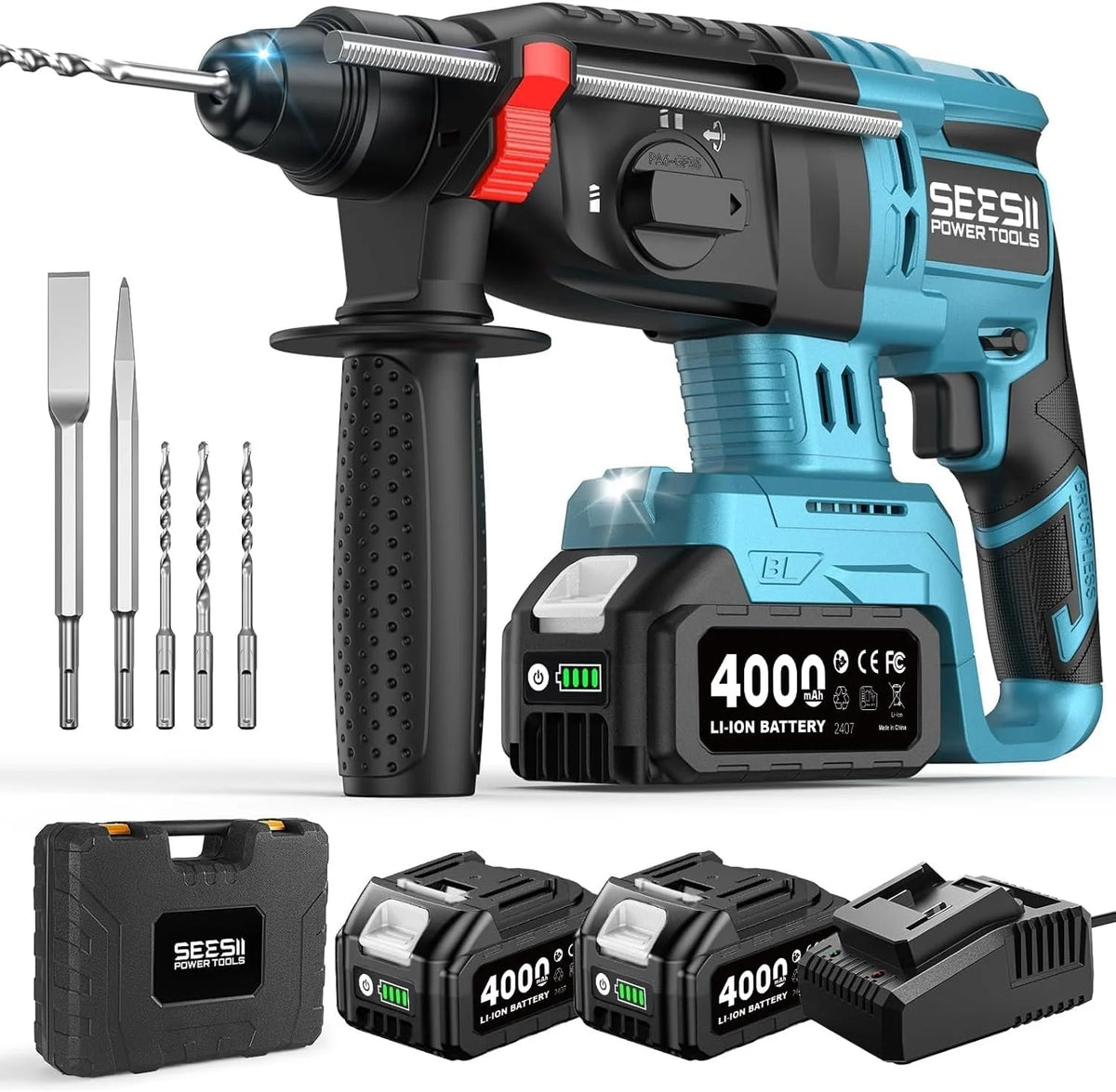 SEESII 4-in-1 Martillo Perforador a Baterías, Sistema de seguridad,SDS-plus