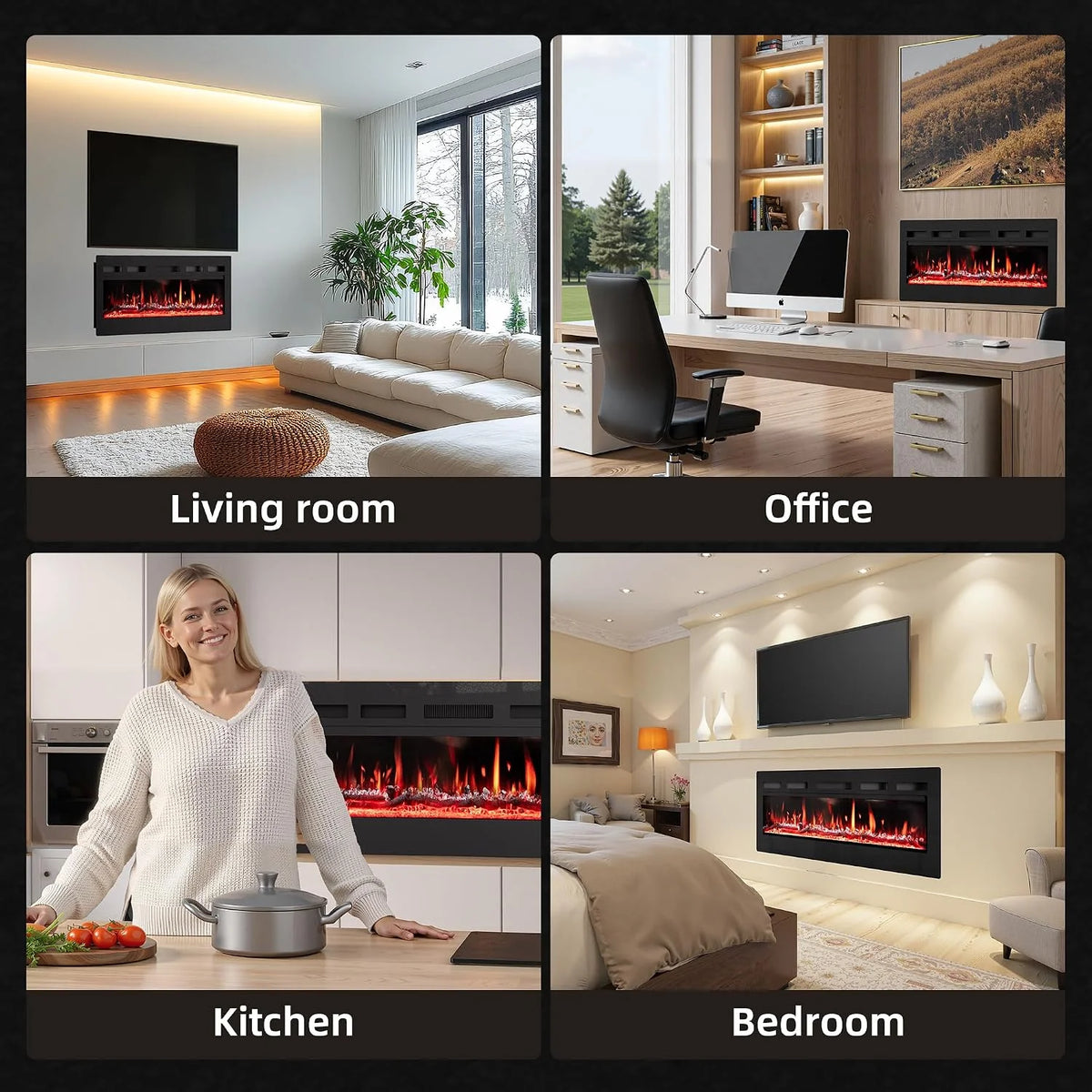 PURFINO Electric Fireplace 36"/92cm – Flame 12 Colours & Crisp, 900W/1800W, Precise Thermostat (15-30°C), Touch Screen & Remote Control – Ideal for Multimedia Walls