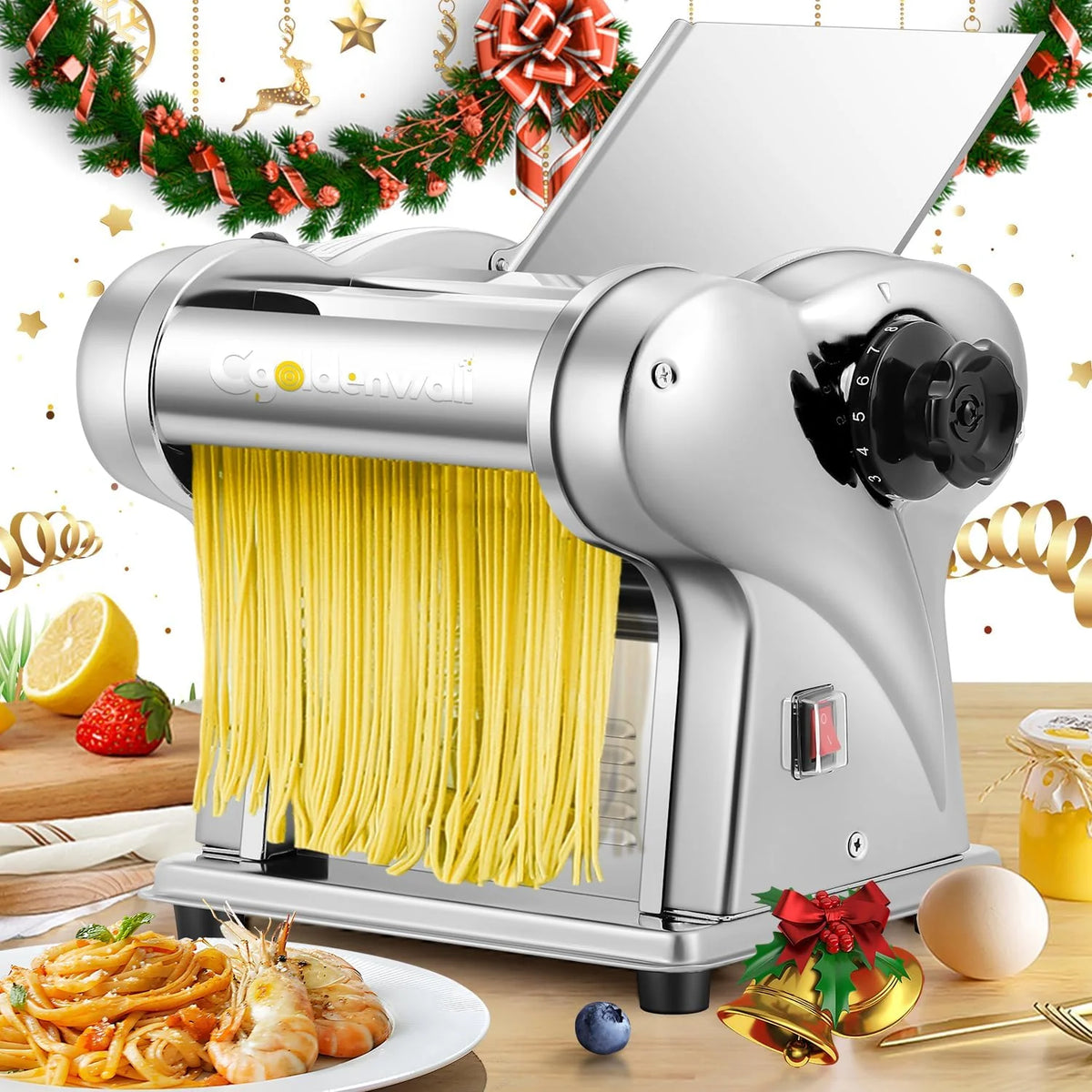 CGOLDENWALL Máquina de Pasta Eléctrica, 2 Cuchillas, 9 Grosores (0.3-3mm)