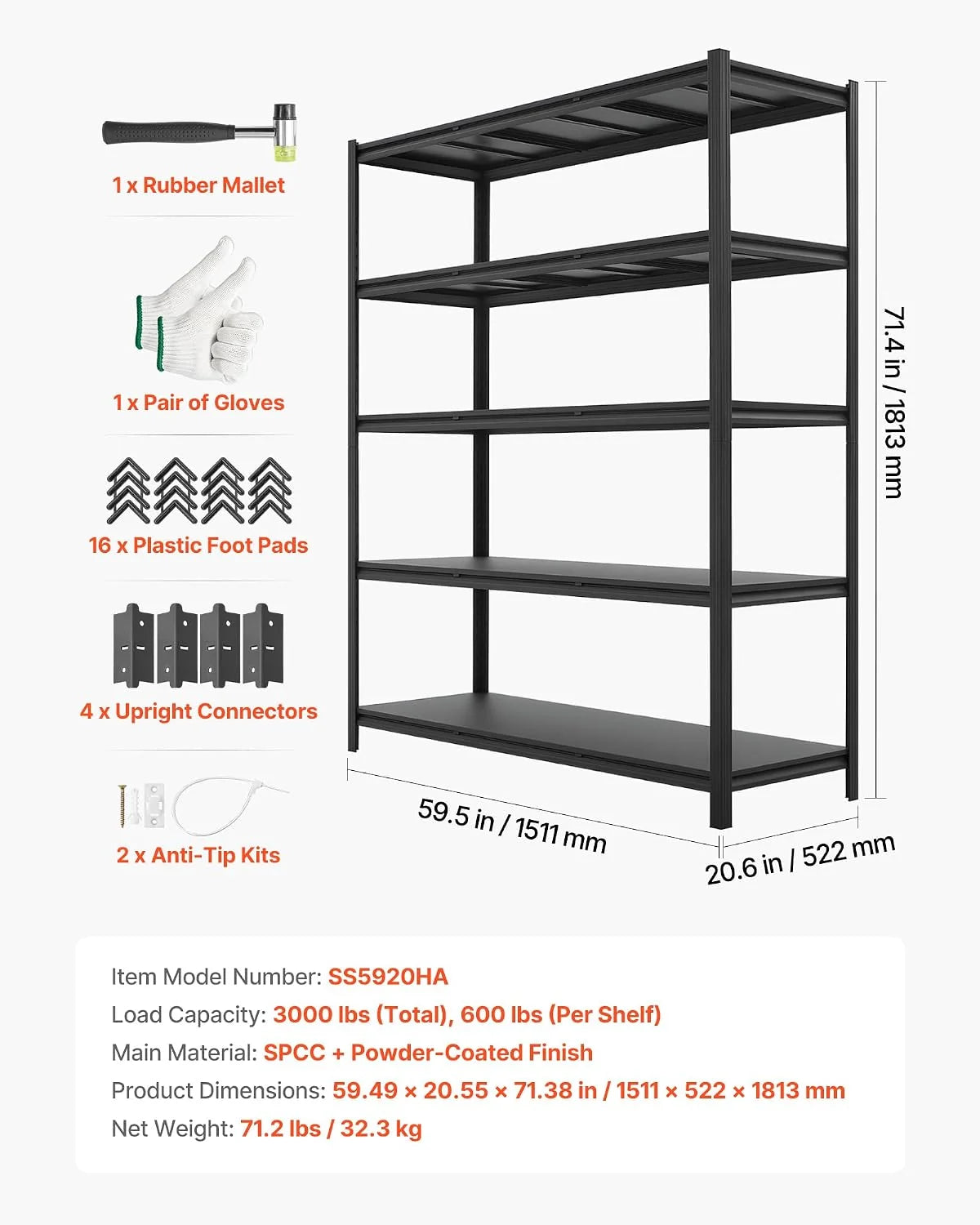 VEVOR Estantería Almacenaje Metálica de 5 Niveles 1511 x 522 x 1813 mm, Estantería Multiusos Altura Ajustable, Capacidad 1360 kg en Total con Estructura de Acero para Sótano Cocina Trastero Hogar