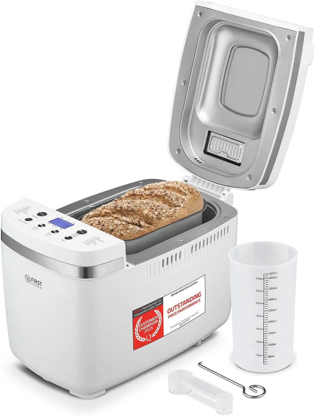 TZS First Austria - Panificadora 850W - Para panes de 900g y 1350g - 14 Programas automáticos - Tostado ajustable, Temporizador y Función mantener caliente