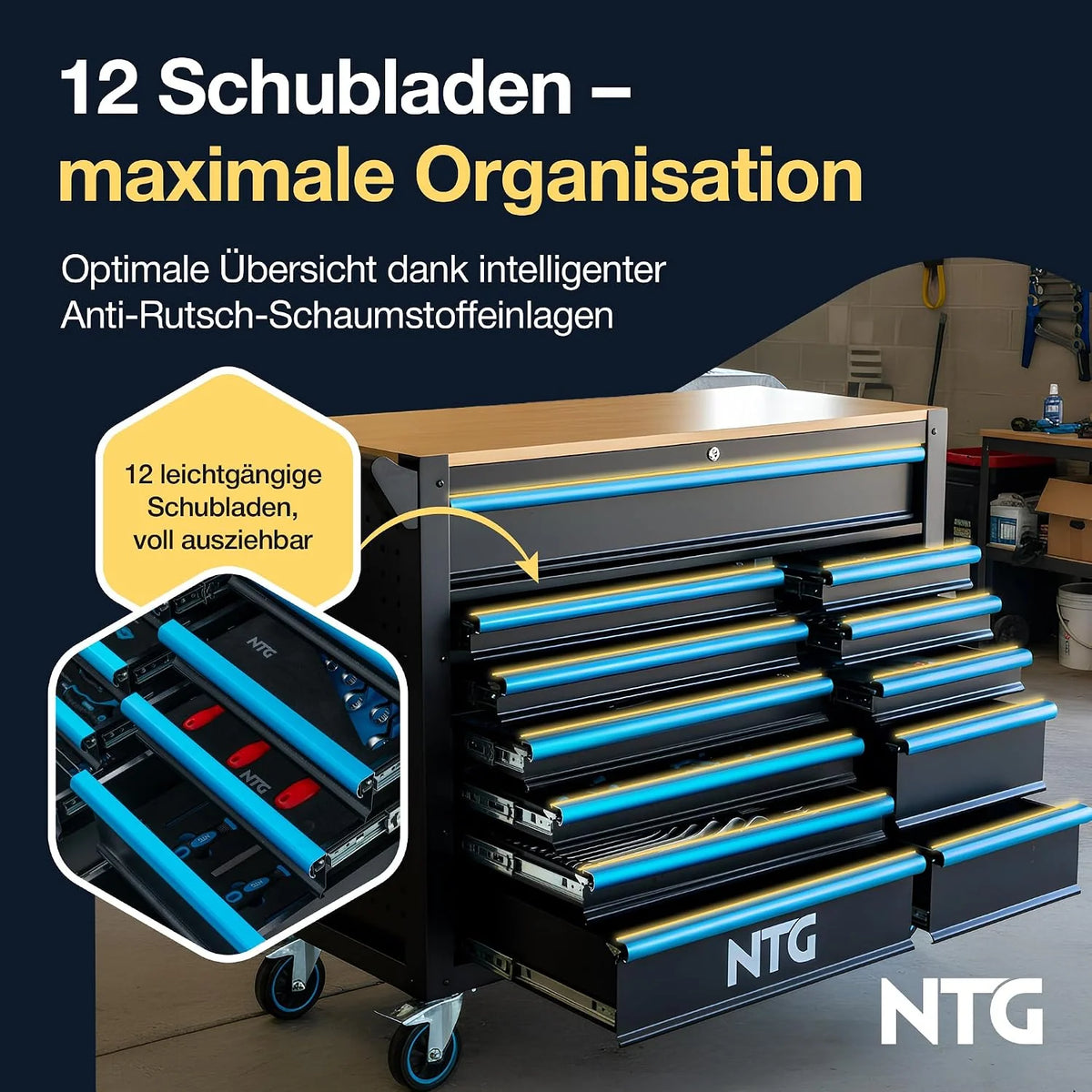 NTG Carro de herramientas XXL – 471 piezas incluidas – 12 cajones con tablero de trabajo de madera, con llave, móvil sobre ruedas – Gabinete profesional de metal para garaje y taller