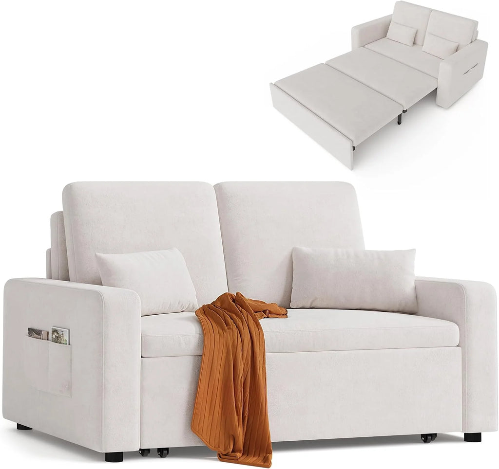 Xbro 2 Seater Sofa Bed, 3-in-1 Convertible Armchair with Bed, Two Storage Pockets, Velvet Upholstery, 147 x 196 x 87 cm, Includes Two Cushions, Beige