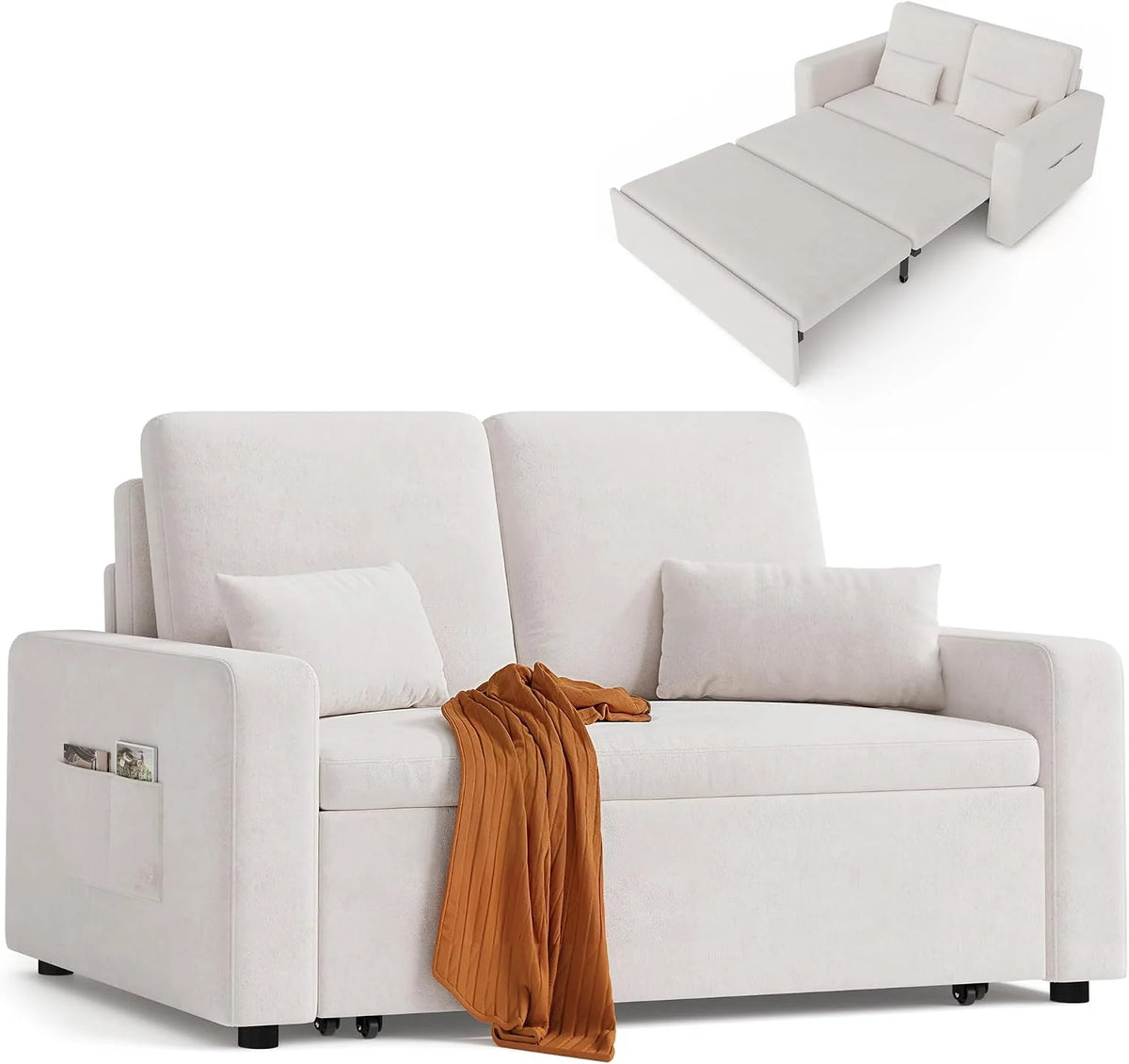 Xbro 2 Seater Sofa Bed, 3-in-1 Convertible Armchair with Bed, Two Storage Pockets, Velvet Upholstery, 147 x 196 x 87 cm, Includes Two Cushions, Beige