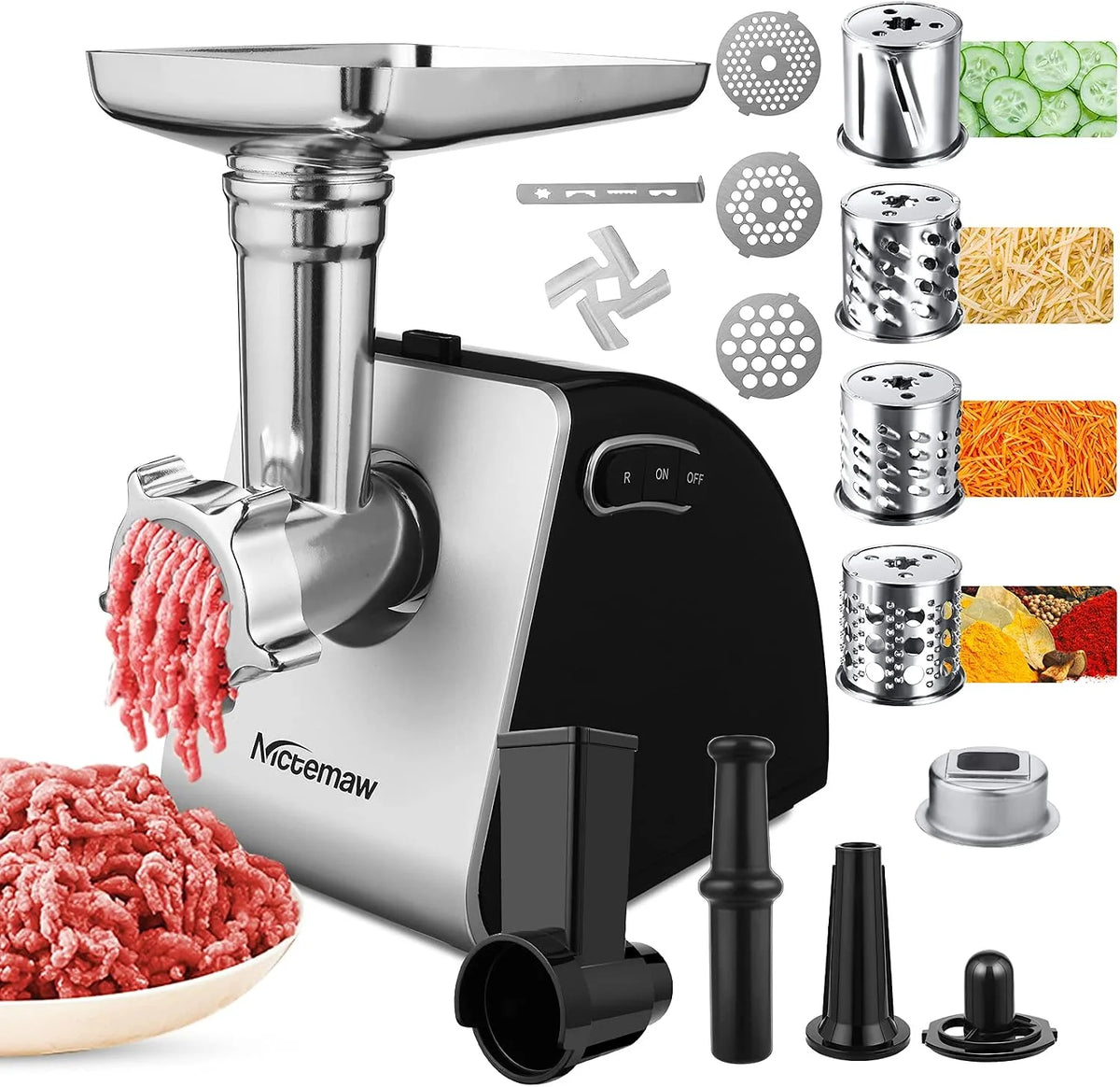 Nictemaw Picadora de Carne Eléctrica, 2000W Max,4 in 1 Salchicha y Máquina Picadora Carne,Máquina Hacer Galletas, Maquina Ensaladas,máquina cortar cubitos, Cuerpo Acero Inoxidable