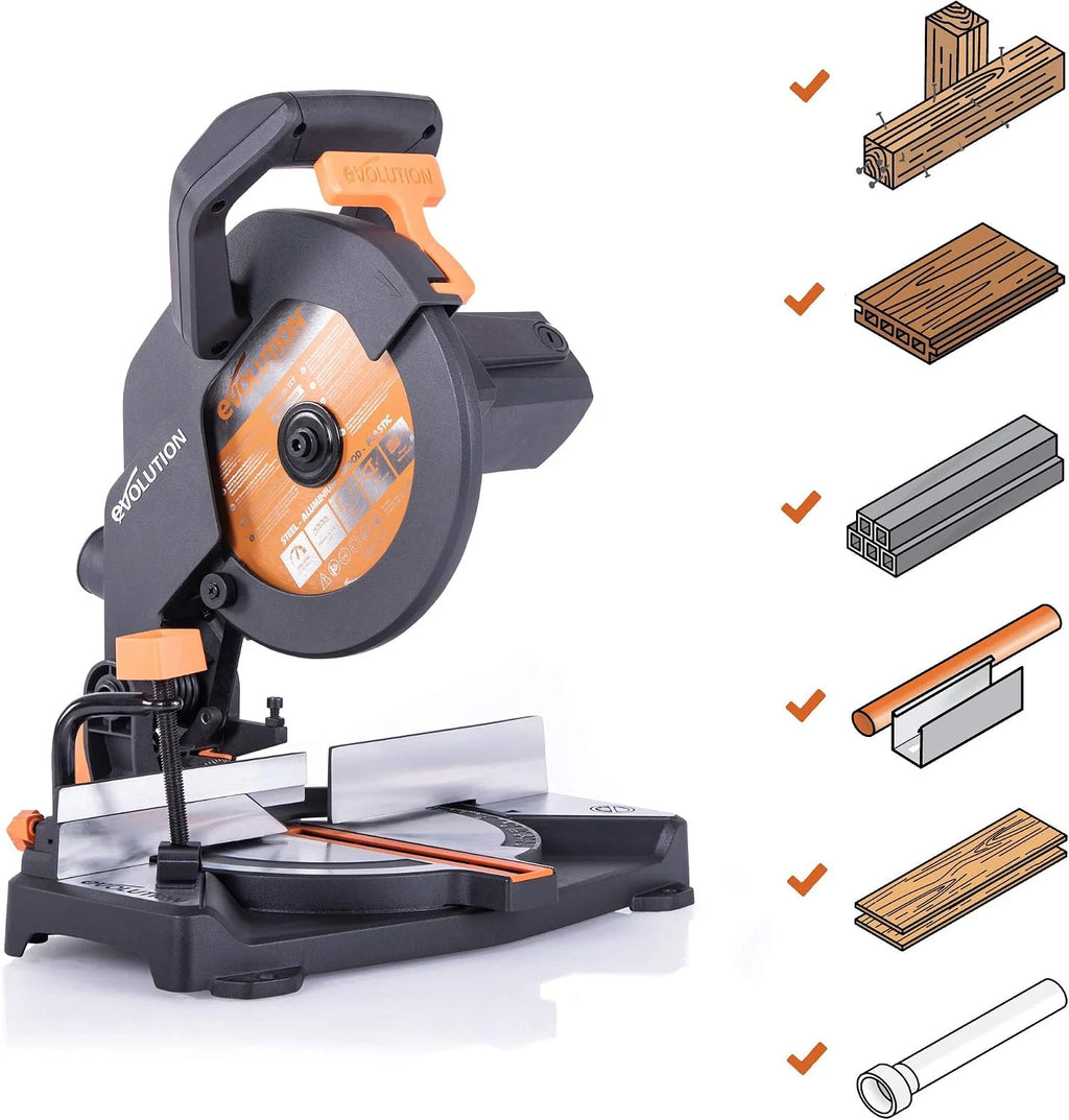 Evolution Power Tools R210CMS Multimaterial Sierra Ingletadora - Corta acero dulce, aluminio, plástico, madera con clavos incrustados, 210 mm