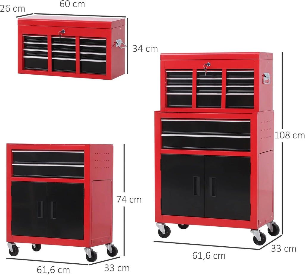 HOMCOM Carro de Herramientas con Baúl Superior 2 en 1 Carro de Taller Rojo