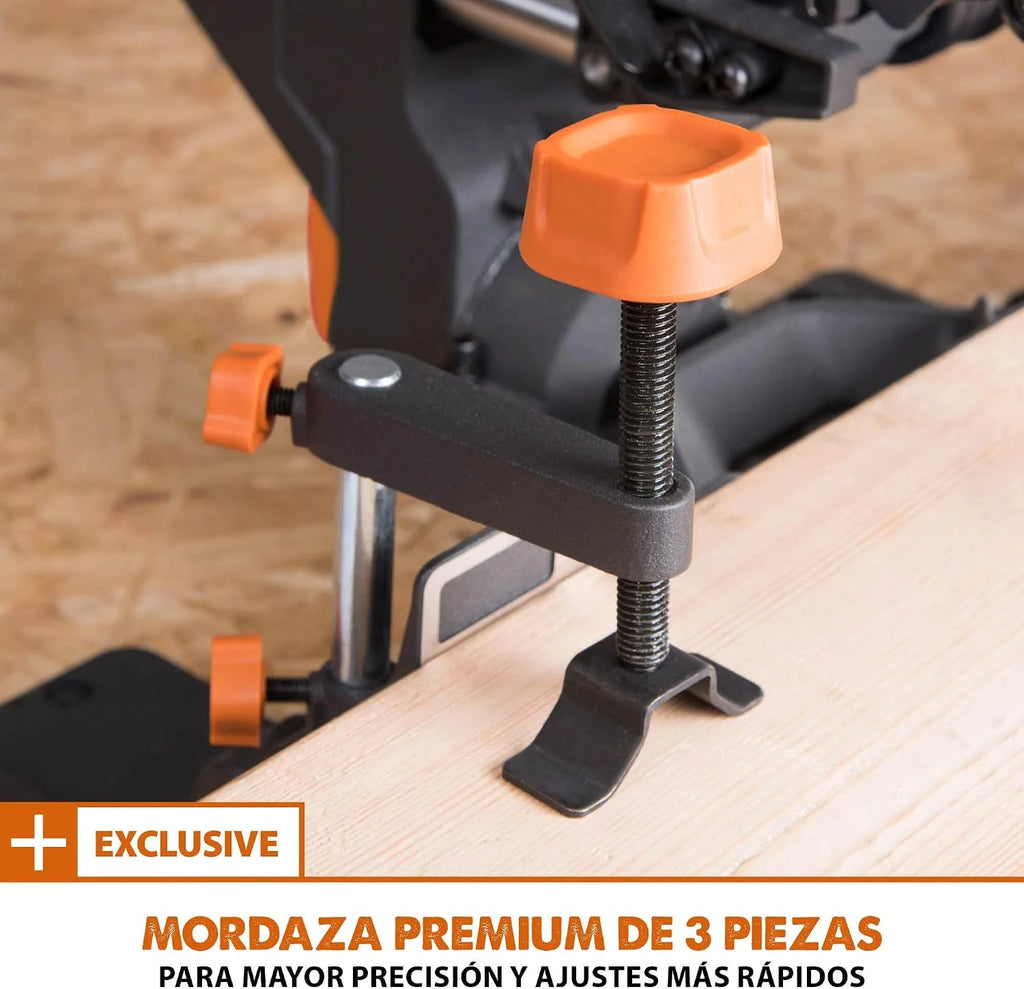 Evolution Sierra ingletadora deslizante de 185 mm (R185SMS+) de Evolution con corte multimaterial; bisel de 45°, inglete de 50°; guía láser. Incluye hoja multiusos