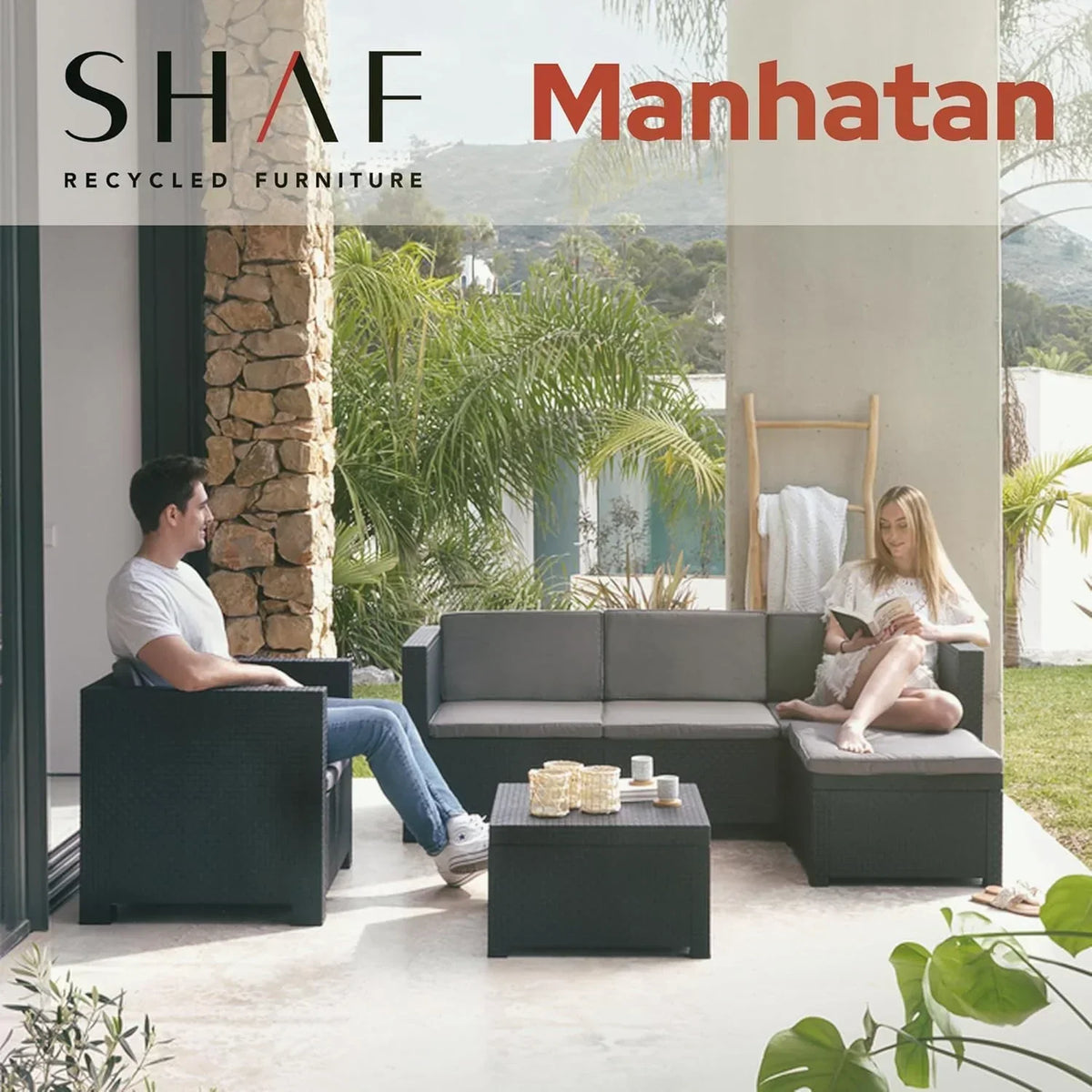 SP Berner - Shaf - Manhattan | Outdoor Living Room Furniture Set - 5 Seater Outdoor Garden Furniture Set | Made in Spain with Recycled Materials - Graphite Colour