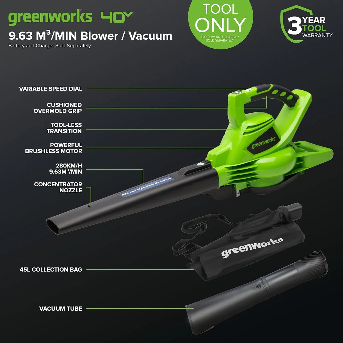Greenworks GD40BV Soplador Aspirador de Hojas a Batería con Motor sin Escobillas, 280 km/h, 9,63 m³/min, Bolsa Recogedora de 45L SIN Batería de 40V y Cargador, Garantía de 3 Años
