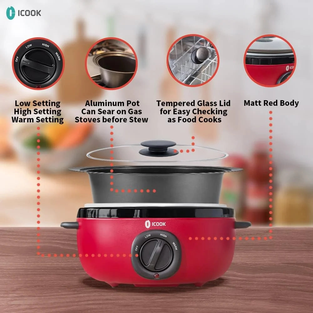 ICOOK 6.5 cuartos de galón de cocción lenta USC-65-OP001RD, olla de aluminio para estofado, apta para lavavajillas, tapa de cristal, temperatura ajustable, calentador de alimentos, rojo