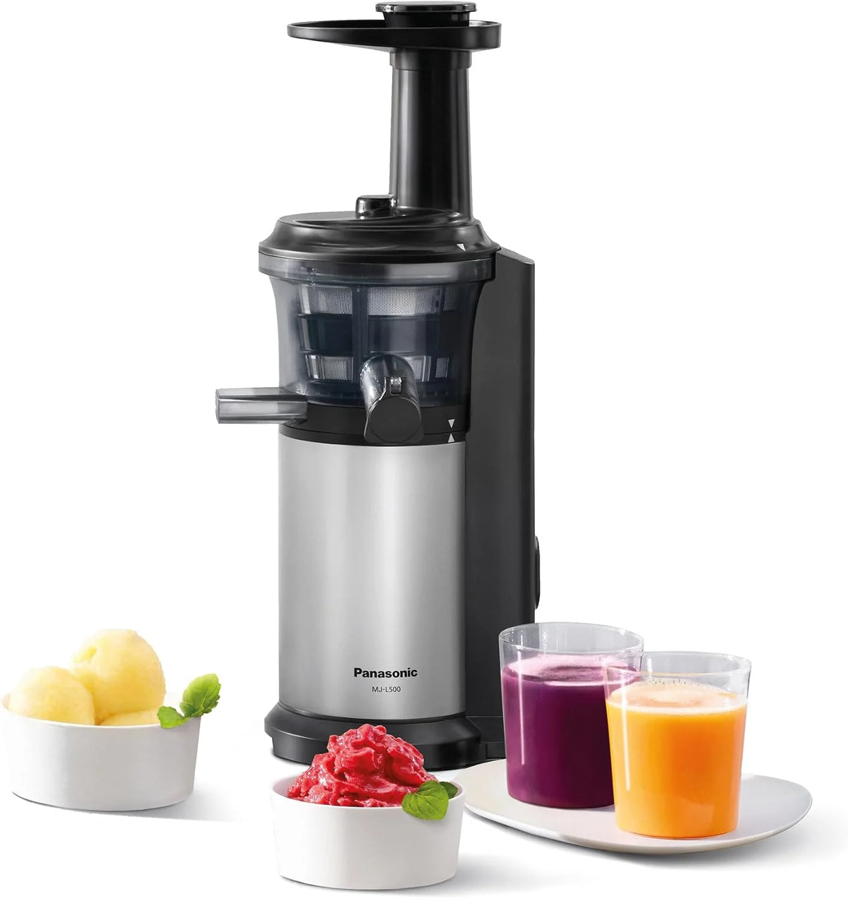 Panasonic Slow Juicer MJ-L500SXE, Exprimidora Eléctrico de Frutas y Verduras, 150 W, Acero Inoxidable y Plástico, Diseño Elegante y Delgado, Accesorio Para Ingredientes Congelados, Gris