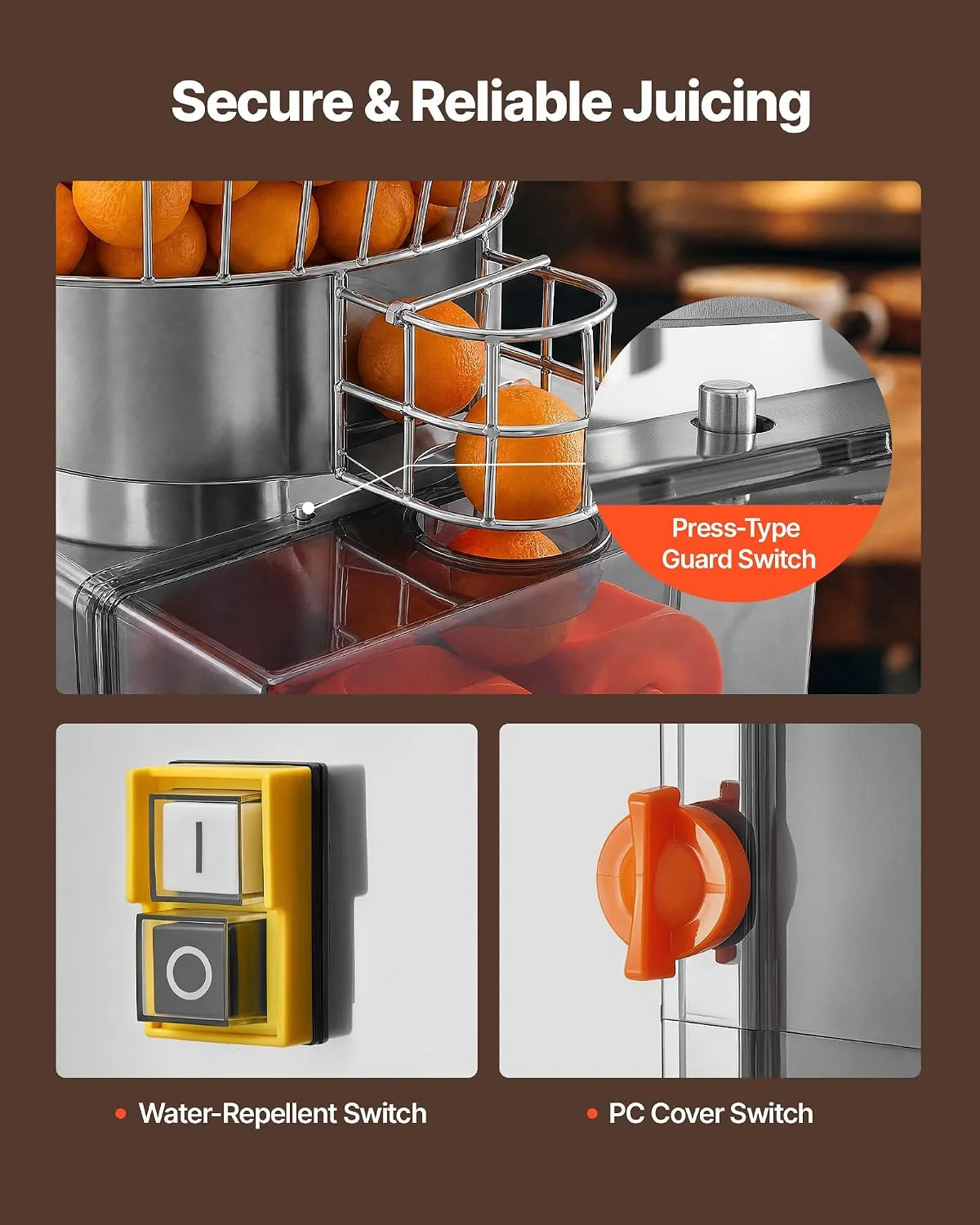 VEVOR Máquina Exprimidora Automática de Naranjas Comercial 120 W Eléctrico, De Acero Inoxidable y PC, Con 2 Recipientes, Capacidad para Hasta 20 Naranjas por Minuto, Para Limones y Cítricos 55-80 mm
