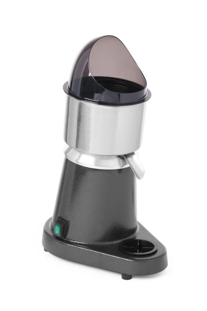 HENDI Exprimidor de cítricos, eléctrico, protección contra salpicaduras, 1500 rpm, 3 conos exprimidores ABS diferentes, 230V, 180W, 308x218x(463), acero inoxidable, policarbonato, plástico ABS