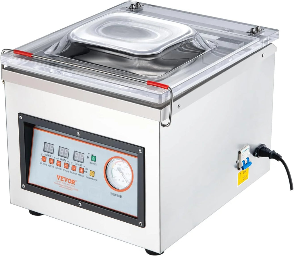 VEVOR Sellador al Vacío de Cámara 320 W Máquina de Envasado al Vacío de Acero inoxidable Tamaño Compacto de 320 mm para Cocina del Hogar Para Uso Comercial Para Alimentos Húmedos, Carnes y Adobos
