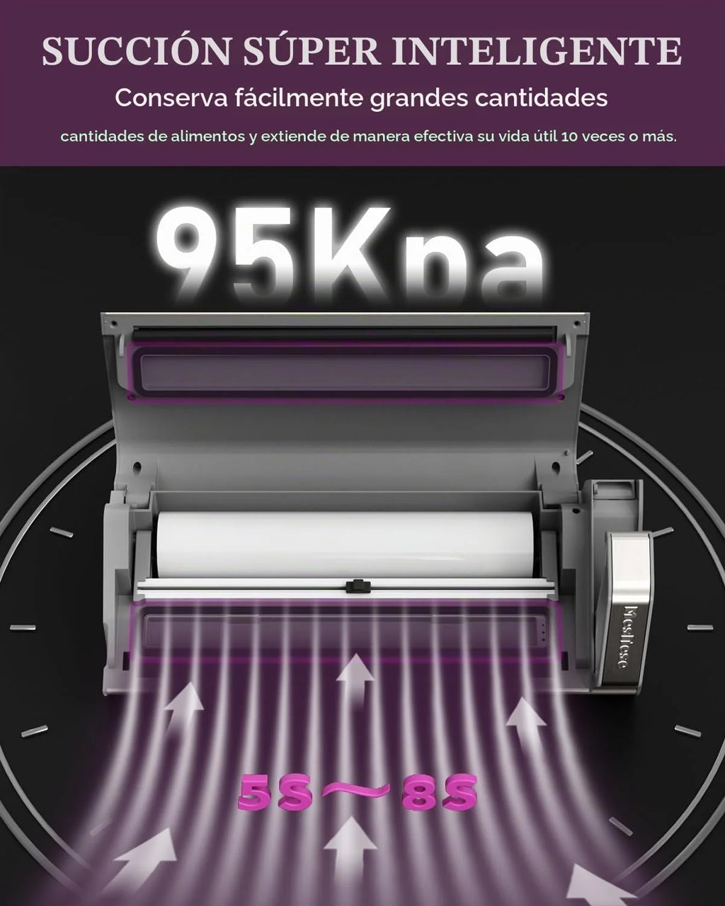 Mesliese Envasadora 95kPa 140W, 20L/min, Doble Sellado | Uso a una mano, asa ergonómica, cortador integrado, compartimento para rollos, pantalla LED (Gris)