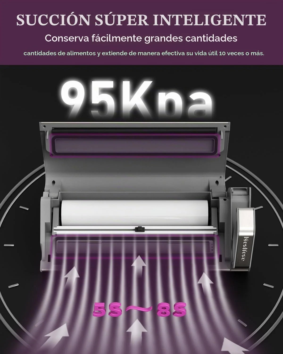 Mesliese Envasadora 95kPa 140W, 20L/min, Doble Sellado | Uso a una mano, asa ergonómica, cortador integrado, compartimento para rollos, pantalla LED (Gris)