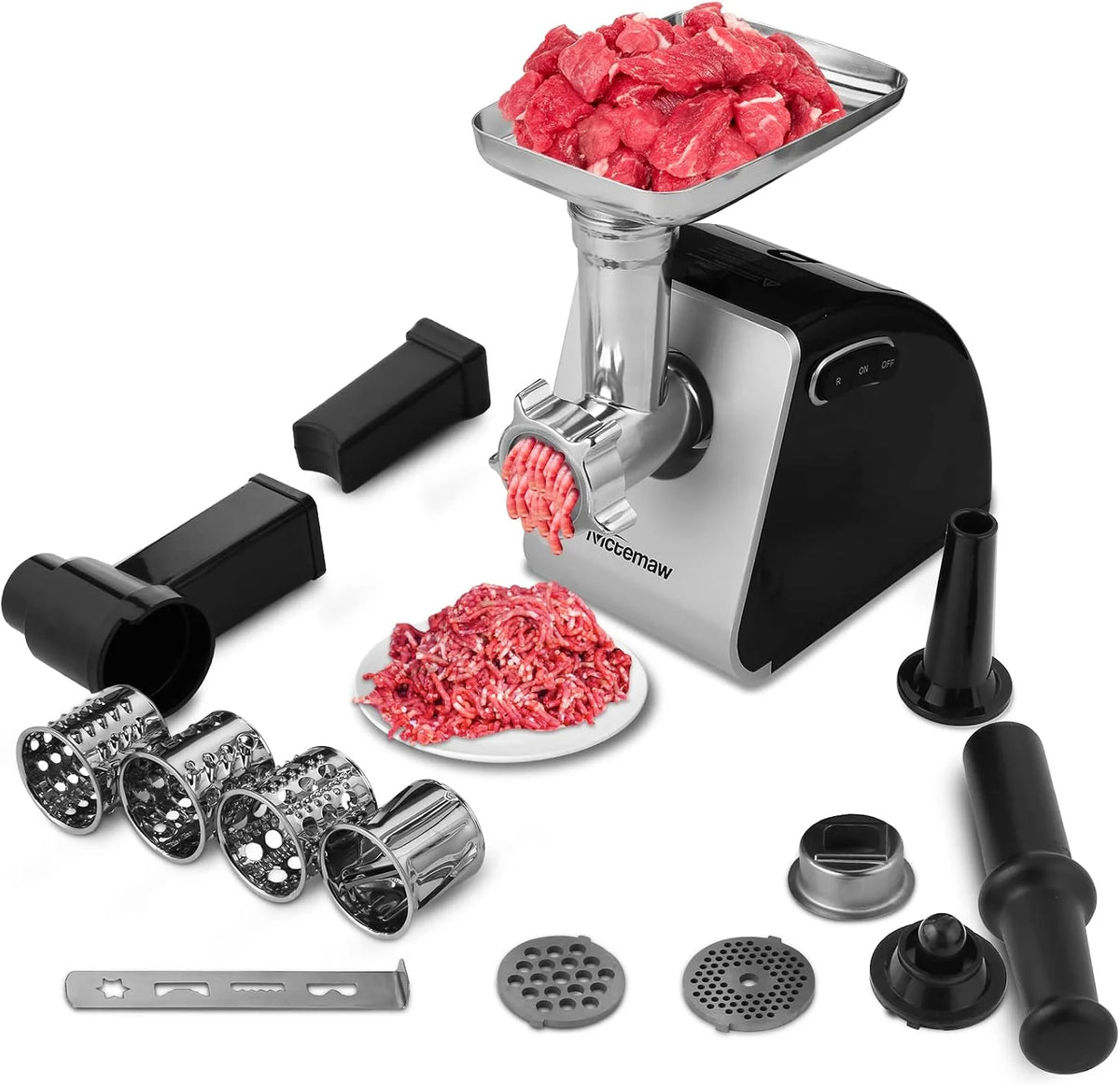 Nictemaw Picadora de carne eléctrica, cortador de verduras, 2000 W, multi robot de cocina, máquina de salchichas con 3 discos perforados, 4 cuchillas cónicas, relleno de salchichas y accesorio de